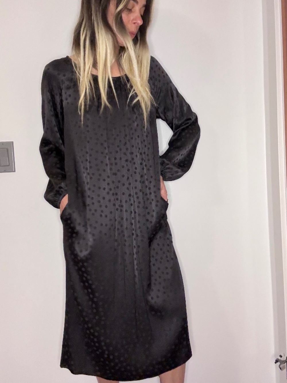 NWT Aritiza Wilfred Black Silk Brana Polka Dot Pocket Dress with Tie XS